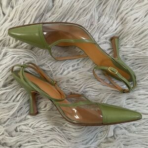 Rene Mancini Green Leather Clear PVC Pointed Toe Ankle Wrap Pump Heels EUC Sz 38